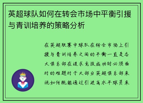 英超球队如何在转会市场中平衡引援与青训培养的策略分析